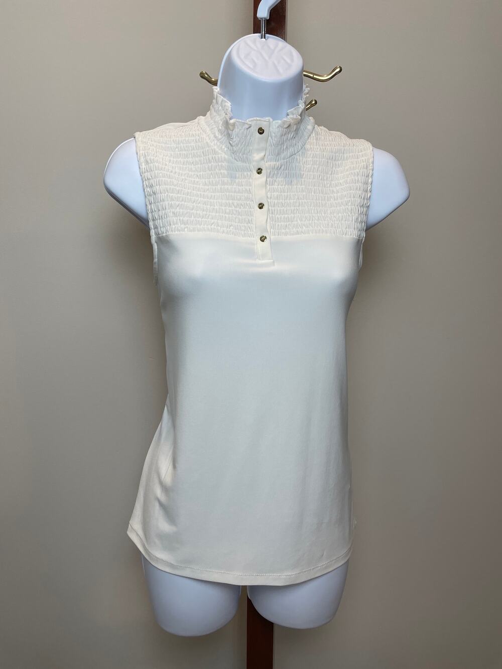 DKNY Ruffle Neck Sleeveless Top Size S White Gold Button Detail